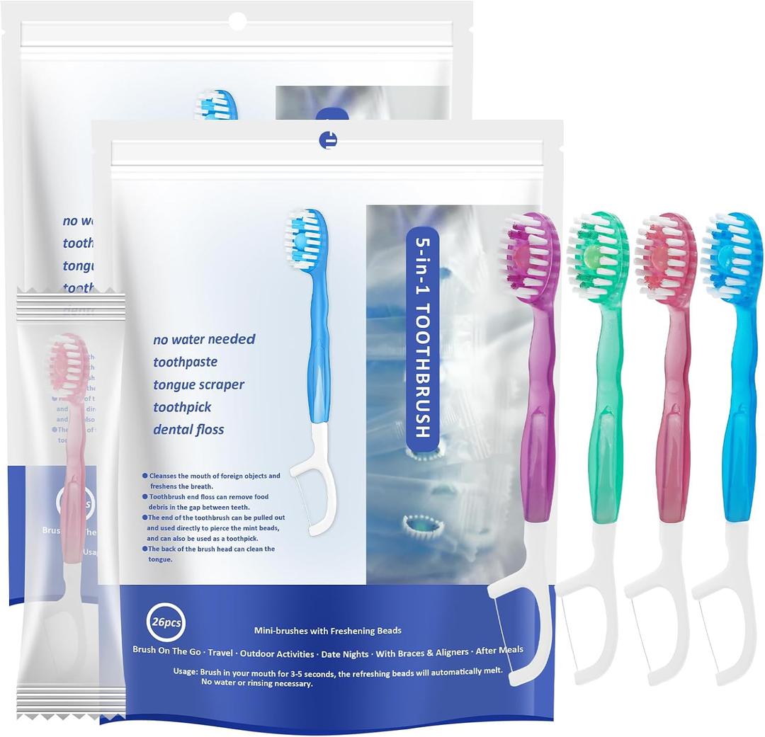5 in 1 Mini Brushes-Disposable Toothbrushes with Toothpaste + Floss + Pick + Tongue Scraper | Travel Size | Individually Wrapped | Soft | Mint | Travel Set (Mix, 52pcs(2Pack))