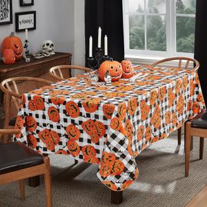 Newbridge Halloween Jack O Lantern Pumpkin Farm 60 x 102 Inch Rectangle Vinyl Tablecloth with Flannel Backing, Black and White Check Pumpkin Design, Easy Care Wipe Clean Table Cover
