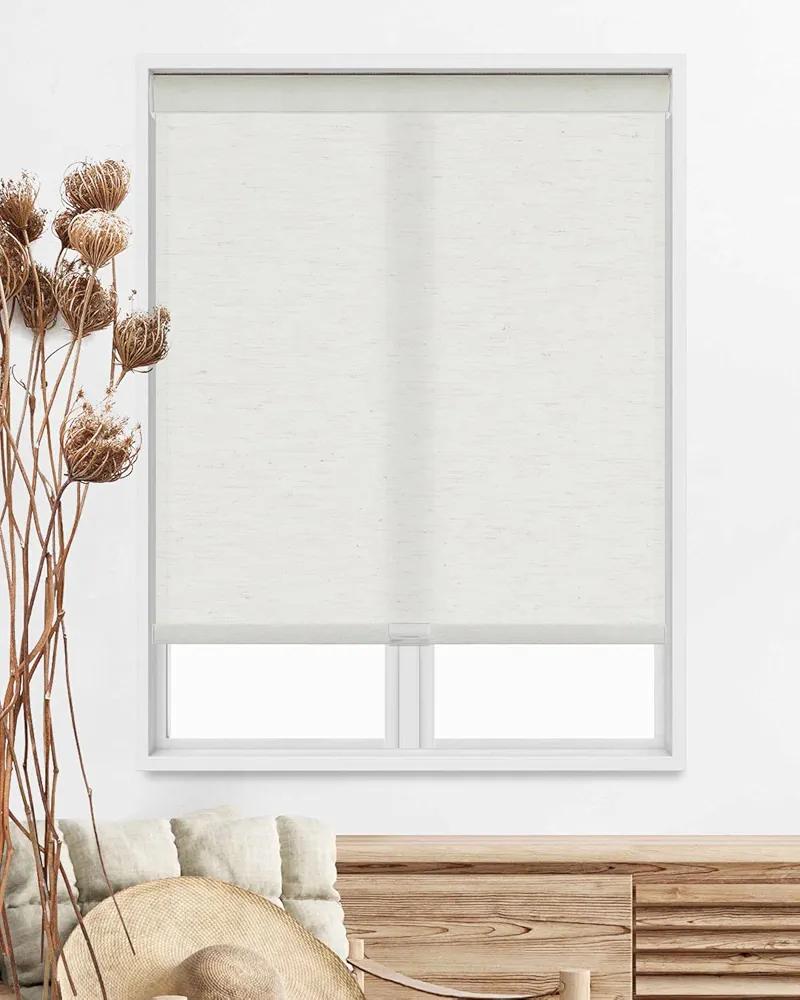 Persilux Free-Stop Cordless Blinds Natural Woven Linen Fabric Light Filtering Roller Shades for Windows UV Protection Privacy, Patio (33.5" W x 72" H, White)