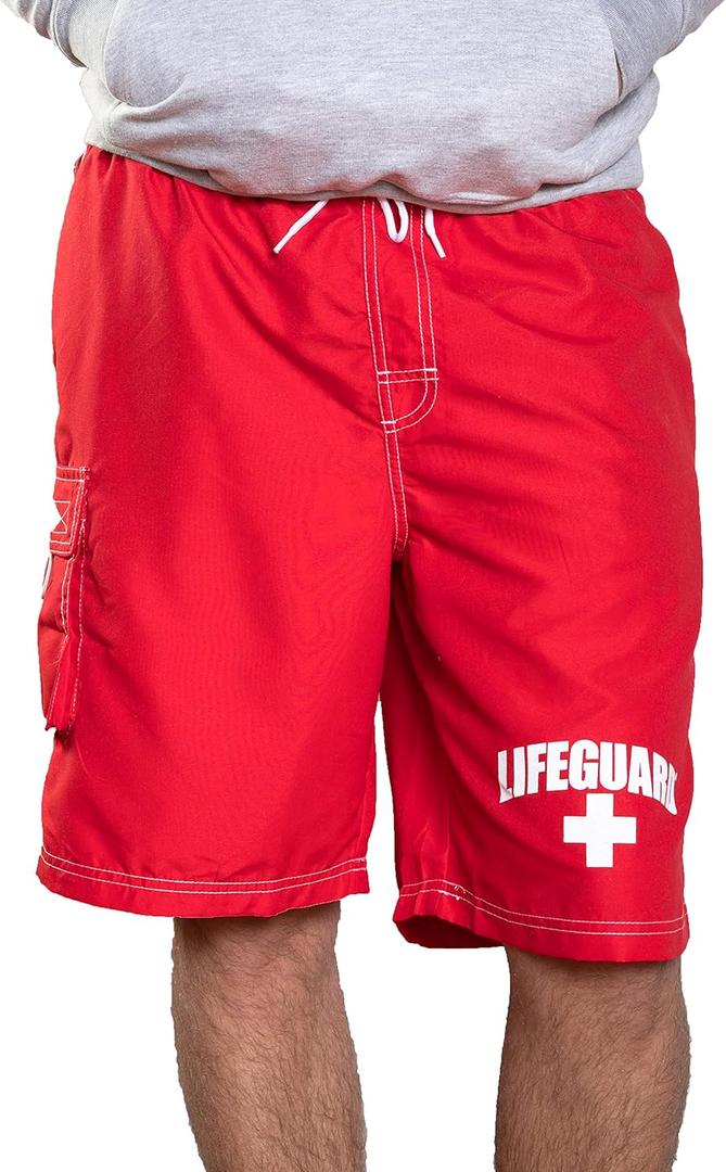 LIFEGUARD Officially Licensed Red Men's Board Shorts Swim Trunks with Side Pocket, Men and Boys, Great for Beach & Pool (Red, XL)