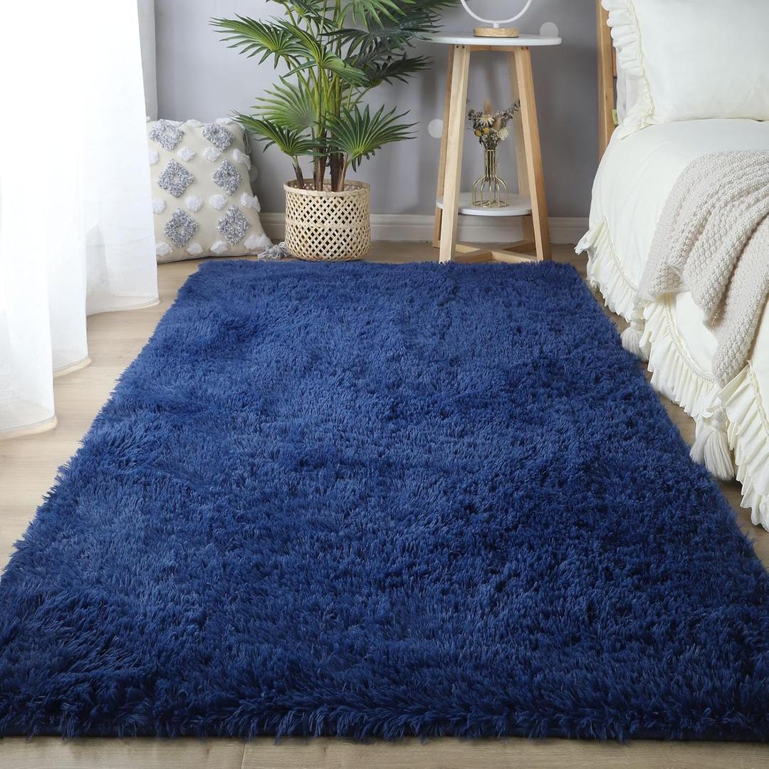 CAIYUECS Blue Shag Area Rug,Indoor Ultra Soft Plush Rugs for Bedroom Living Room, Non-Skid Modern Nursery Faux Fur Rugs for Kids Room Home Decor (5x7 Feet, Navy Blue)