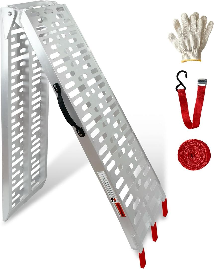 Aluminum Loading Ramp with Handle, 750 Lbs Capacity, 7.25ft Motorcycle Ramp Folding Powerspots Ramps with Load Straps for Pickup Trucks, Motorcycles, Lawnmowers, Dirt Bikes