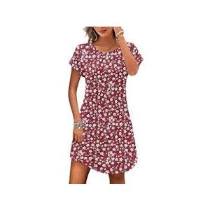 PLOKNRD Women's Casual Dress Summer Short Sleeve T-Shirt Dress Crew Neck Basic Dresses 2025 (Red White Flower L)