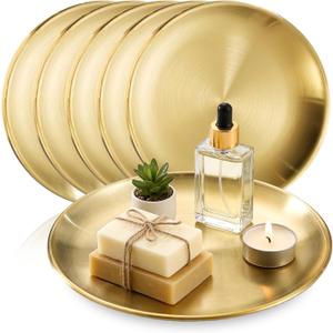 6 Pcs 12 Inch Round Gold Tray - Large Gold Tray Decorative Serving Bar Dish Key Bowl Mirror Dresser Vanity Tray for Jewelry Makeup Organizer, Bathroom, Candle, Perfume, Countertop