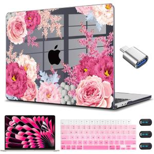 CISSOOK Floral Case Cover for MacBook Air 15 Inch 2023 2024 2025 2026 Release A2941 A3114 A3241 A3448, Hard Shell Case with Keyboard Cover USB Adapter for MacBook Air 15" M2 M3 M4, Gorgeous Flowers