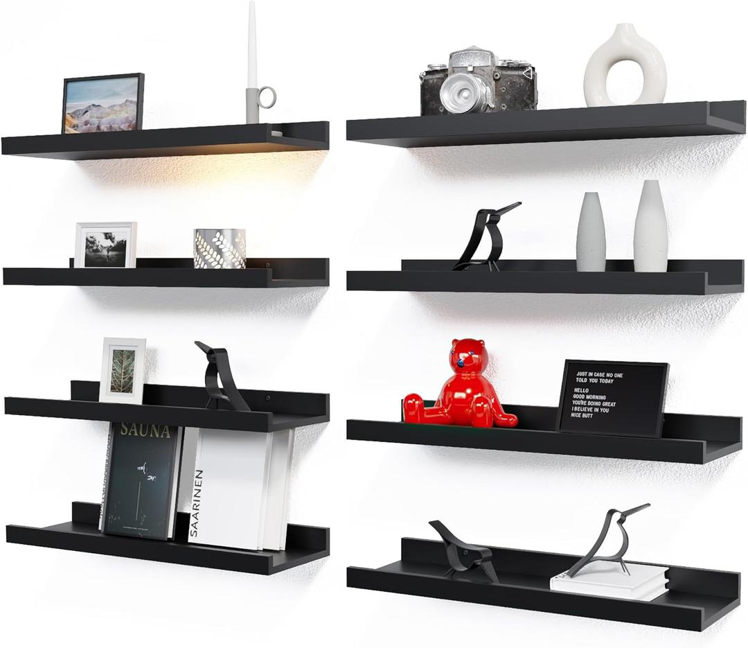 RICHER HOUSE Floating Wall Mounted Shelves, 8pc Set with Lip - Black Nursery Book Shelves for Bedroom, Bathroom, Kitchen Decor Storage (8pcs*15.70in)