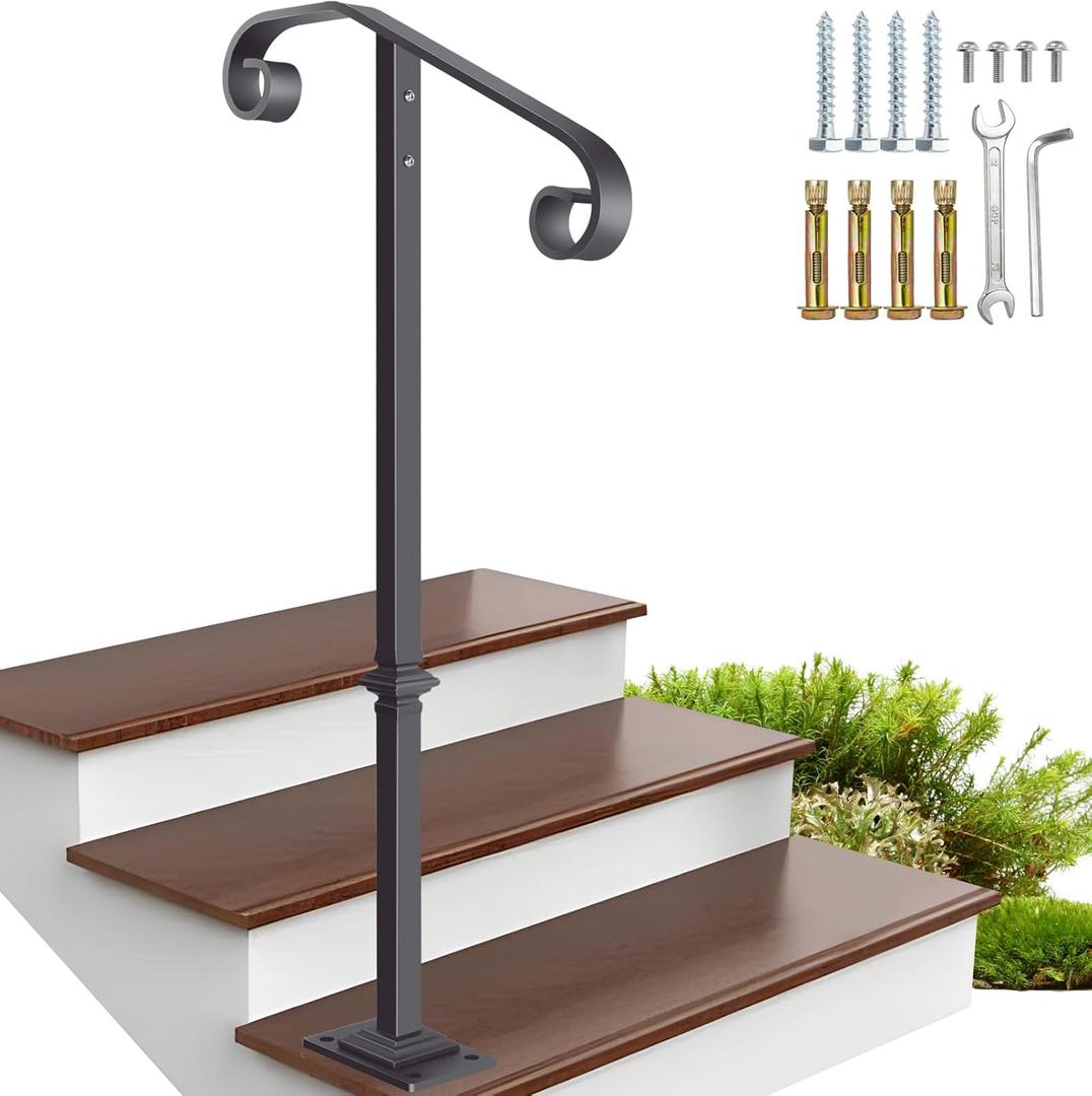 Handrail Railing 38.8‘’H, Single Post Handrail Fits 1 or 2 Steps, Sturdy Outdoor Stair Railing for Concrete&Wooden Steps with Base, Wrought Iron Stair Handrails, Grab Rail for Steps Porch, Gray