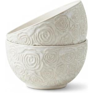 6-Inch Rose Pattern Ceramic Bowls, 30 oz Embossed Floral Soup, Pasta & Salad Bowls, Set of 2
