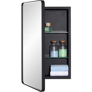 Black Bathroom Mirror Medicine Cabinet with Round Corner Framed Door and Beveled Edge Mirror 15 x 25 inch, Recessed or Surface Mount, with Adjustable Glass Shelves