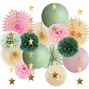 Sage Green and Pink Party Decorations Baby Shower Girl Olive Green and Light Pink Birthday Decorations Paper Lanterns Sage Beige Fans Pom Poms for Bridal Shower Wedding Engagement Nursery Decor