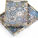 Hiceeden Set of 2 Decorative Serving Trays with Handles, Boho Tea Trays Ottoman Trays for Serving, Modern Plastic Coffee Table Tray for Living Room, Kitchen, Bathroom, Rectangle, Blue