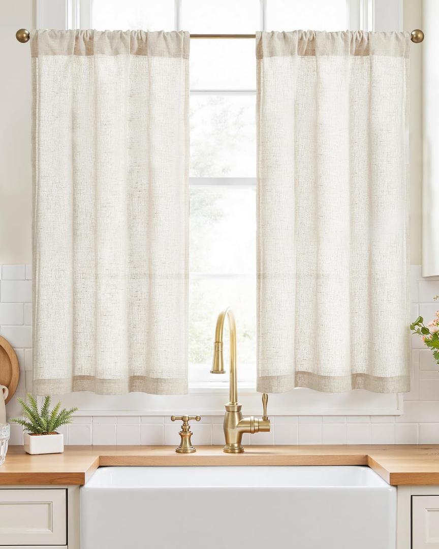 jinchan Beige Linen Kitchen Curtains 45 Inch Tier Curtains Farmhouse Cafe Light Filtering Small Window Drapes Flax Country Rustic Rod Pocket Bathroom Laundry Room RV 2 Panels Crude