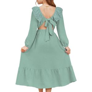 blibean Tween Girls Tie Back Dresses Embroidery Sleeve Size 6-15 Years (Green, XL)