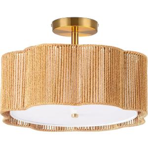 13.4" Rattan Flush Mount Ceiling Light Fixtures,3-Light Boho Light Fixtures Ceiling Mount for Bedroom,Small Rattan Chandelier,Gold Mini Chandelier Lighting for Dining Room Hallway Kitchen