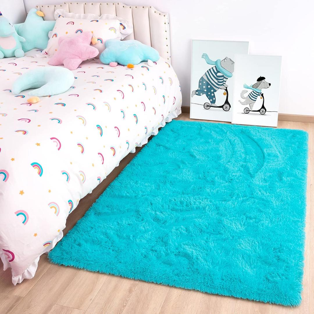 Noahas Door Mat Indoor Entrance, 2x3 Shaggy Small Teal Blue Area Rugs for Entryway, Non-Slip Fluffy Entry Bedroom Rug, Soft Plush Bedside Throw Kids Carpet