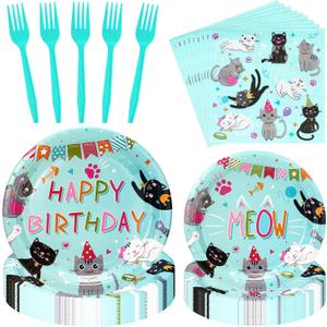 SiliFine 122 Pcs Cat Birthday Party Supplies Disposable Cat Themed Tableware Include 24 Dinner Plates 24 Dessert Plates 50 Paper Napkins 24 Forks Kitten Birthday Party Decoration for 24 Guests (Green)