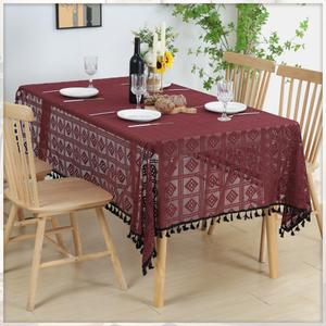 Burgundy Chrochet Lace Tablecloths Rectangle Table Cloths Openwork Table Cover for Wedding Party Holiday Dinner Home Decoration (55"x90", Burgundy)