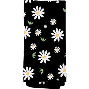 Daisy Floral Kitchen Towels, Modern Vintage Daisy Floral Dish Tea Towels for Kitchen Decor, Retro White Flowers and Leaves Hand Towels for Bathroom Decor, 16x24 Inch (Black)