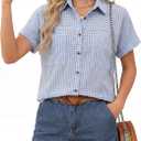 Kistore Womens Button Down Shirts Short Sleeve Summer Gingham with Pockets (Small, Blue)