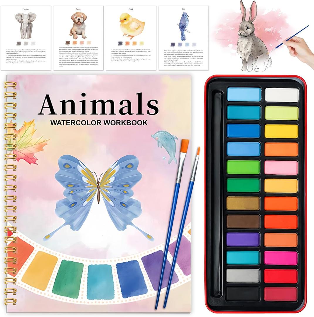 Watercolor Workbook - Coloring Book Beginner Friendly Painting Kit, Watercolor Workbooks for Adults with 24 Colors Paint, Exploration Gift for Adults Teens (Animals)