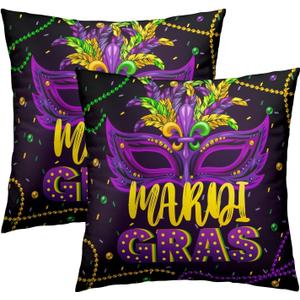 Mardi Gras Purple Pillowcovers 18X18 Inch Masquerade Beads Pillows Set of 2 Happy Mardi Gras Throw Pillows Case Farmhouse Square Cushion Covers Decor for Holiday Outdoor Sofa Couch