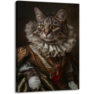 Animal Canvas Wall Art Funny Cat Poster Renaissance Royal Cat Portrait Picture Print for Living Room Bedroom Hallway Decor Framed(Artwork-3,16"x24")