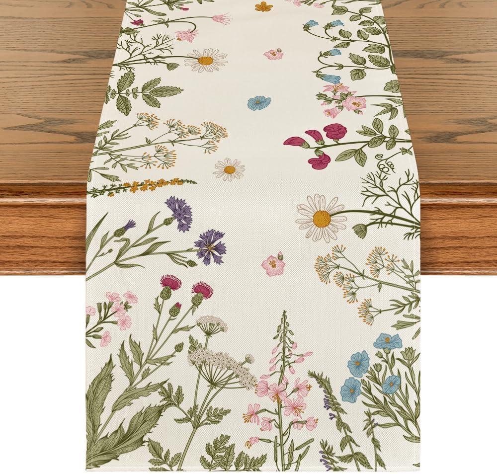 Artoid Mode Floral Wildflowers Herb Spring Table Runner, Seasonal Kitchen Dining Table Decoration for Home Party Decor 13x60 Inch