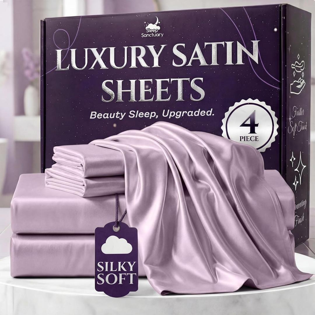 SLEEP SANCTUARY Satin Sheets Queen Size 4 Piece Luxury Silky Bed Set, Softer Than Silk, 15" Deep Pocket, Cooling & Wrinkle-Free, Moisture-Wicking & Breathable for Hair & Skin (Lavender)