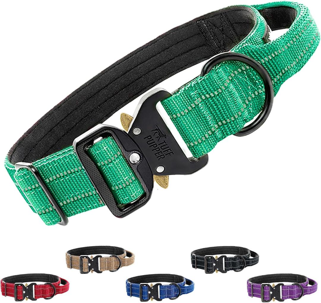 Tuff Pupper Tactical Dog Collar with Handle | Heavy Duty Adjustable Dog Collar | Military Nylon Collar for Medium Dogs | Quick-Release Buckle | Soft Padded Comfort | Training Control (Green, Medium) (Medium - 14.5-18 Inch Neck)