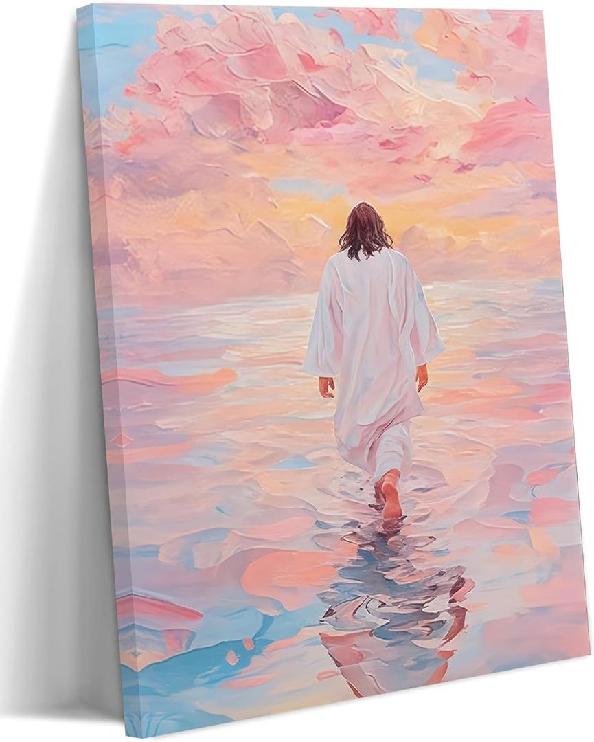 Shrandi Jesus Walking On Water Canvas Wall Art Pink Jesus Wall Decor Religious Christian Pictures Prints for Bedroom Living Room Church Decoration 12 * 18In (Stretched Canvas on A Wooden Frame), 24"L x 16"W