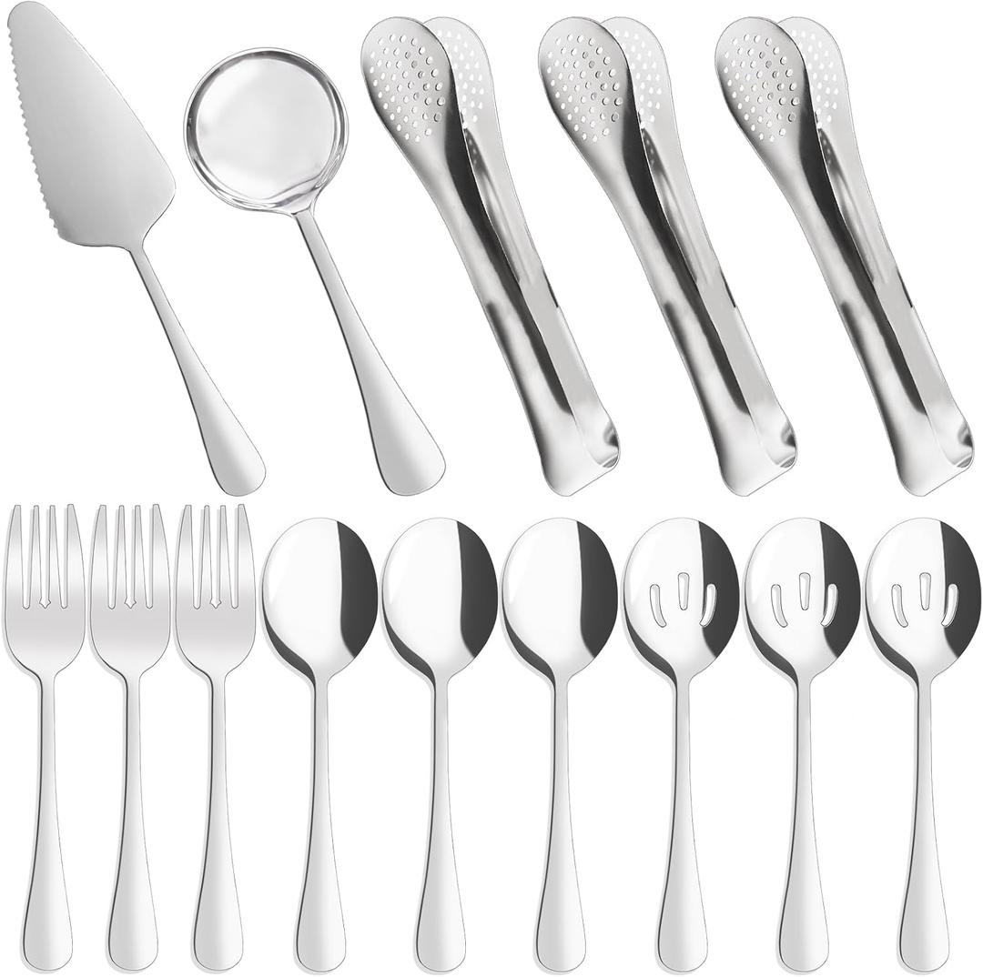 14 Pieces Serving Utensils, Large Spoons Slotted Spoon Forks Tongs, Stainless Steel Pie Cake Server for Buffet Catering