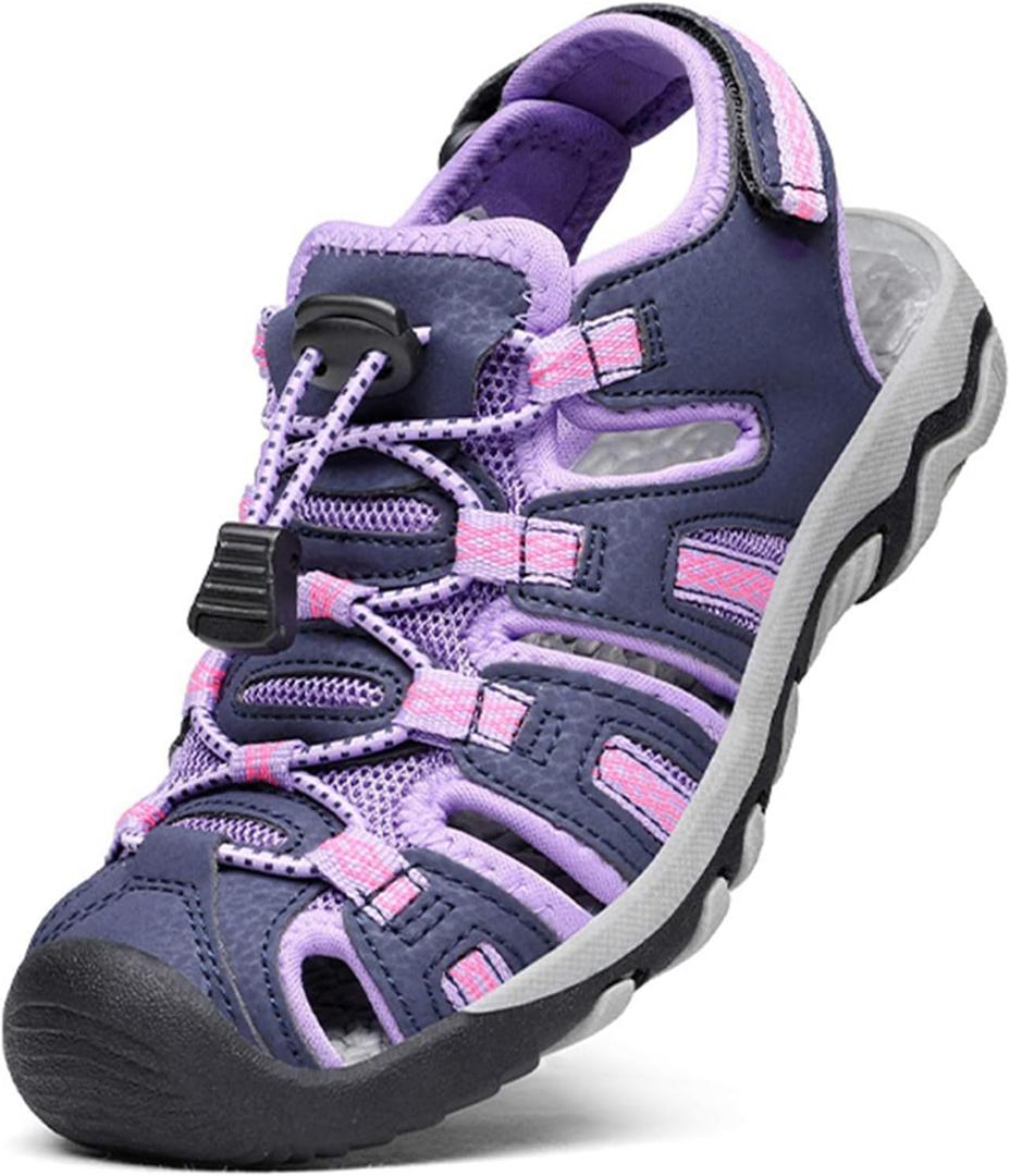 DREAM PAIRS Boys Girls Summer Outdoor Athletic Sport Sandals Walking Hiking Hook and Loop Adjustable Multicolor for Toddler/Little/Big Kids (Purple/Light/Grey), Size 11 US
