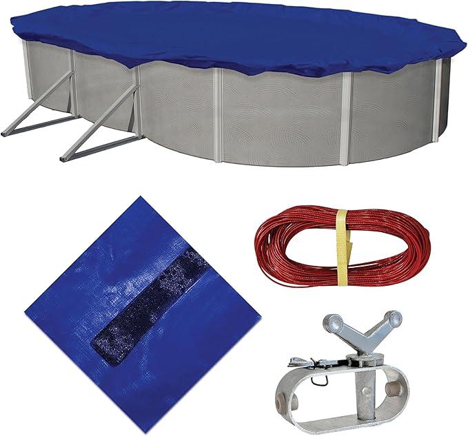 Blue Wave Gold 15-Year 16 ft x 32 ft Oval Above Ground Pool Cover for Winter– Durable & Weather-Resistant Polyethylene – 4 ft Overlap, Black Underside, Reinforced Grommets, Winch, Cable – Royal Blue