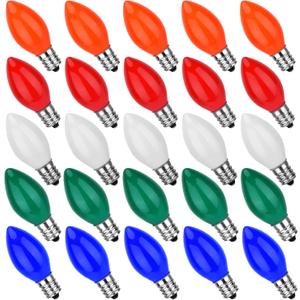 25 Pack C7 Ceramic Christmas Replacement Bulbs, Multi-Color Bulbs for E12 Candelabra Base Outdoor/Indoor Light String, 5 Watt