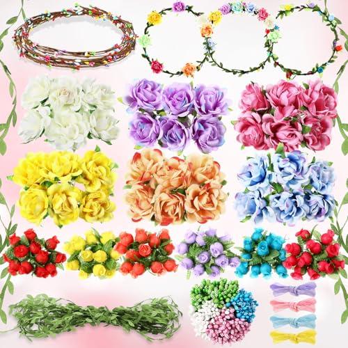 Suncalla  Sets Flower Crowns Making Kit, Make Your Own Flower Crown Wreath Garland Headbands and Bracelets Craft Kit Handmade DIY Floral Hair Accessories Gift for Girls/Teens/Women (Pomegranate)