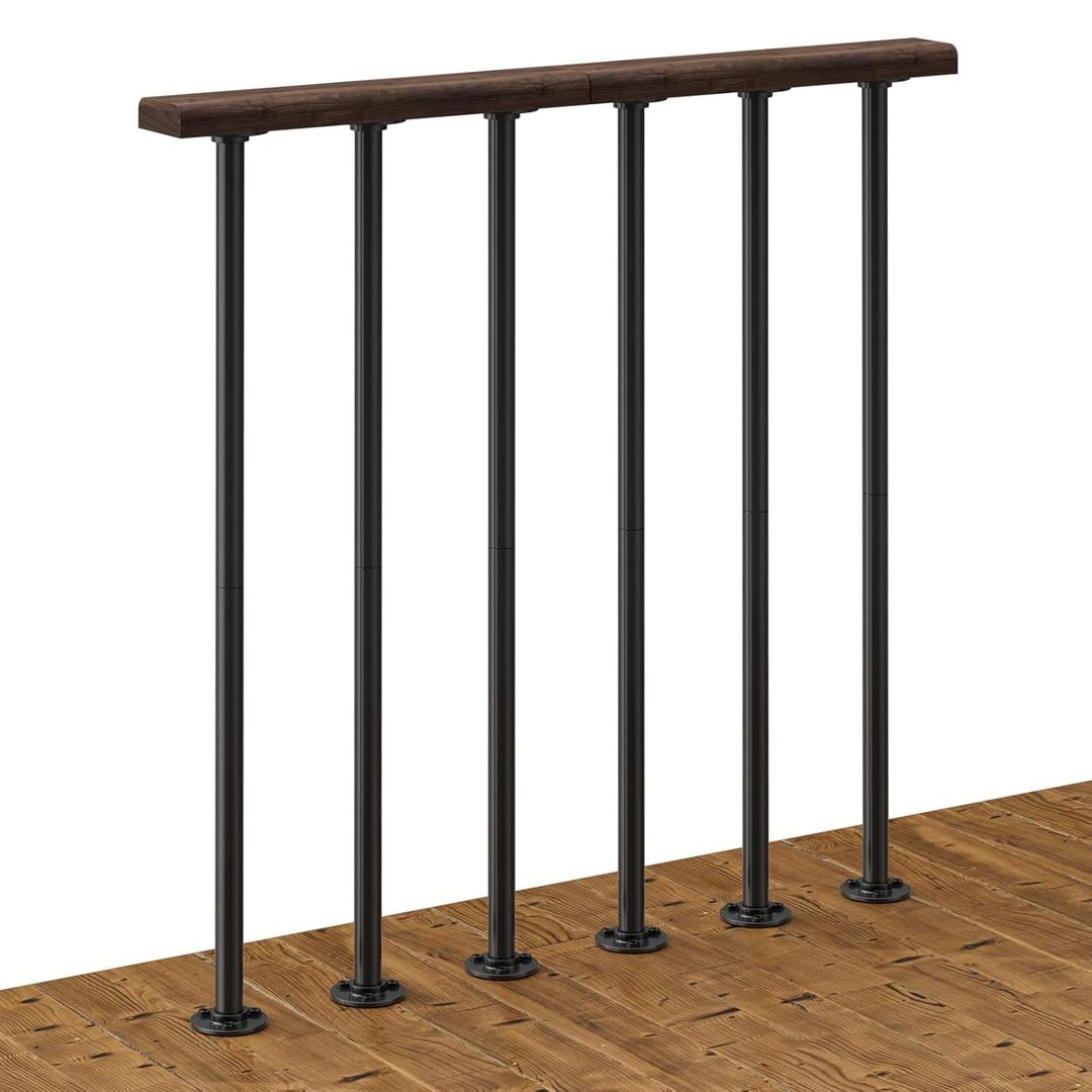 Deck Metal Porch Guard Rail Kit with Balusters - 2 Section Wrought Iron Flat Railing with Wooden Top for Outdoor Deck, Porch, and Balcony (34 in. H x 2.7 ft. W) (Rustic Brown+Black)