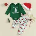 Baby Boy Christmas Outfit My First Christmas Long Sleeve Bodysuit Pants Santa Hat 3-Piece Clothes Set (Green)