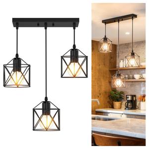 3 Light Pendant Lighting, Farmhouse Hanging Light Fixture for Kitchen Island & Dining Room, Industrial Vintage Ceiling Lamp with E26 Base, Adjustable Height, Matte Black