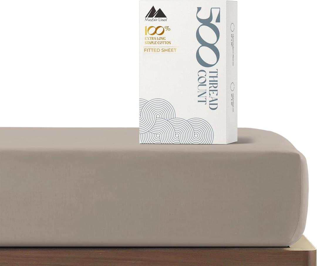 Mayfair Linen 100% Cotton California King Fitted Sheet Only - 500 Thread Count Cal King Sheets Deep Pocket Fitted, Soft Cooling Sateen No Pop-Off Elastic Bottom Sheet, Fits Mattress Upto 18"- Taupe
