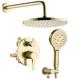 Lavatrum Brushed Gold Shower Faucet Set, Wall Mount Rain Shower System 10 Inches, and Handheld Shower Included Rough-in Valve and Trim Kit