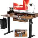 Agilestic Glass Standing Desk with Storage, 48 Inch Electric Adjustable Desk with Glass Shelf and Cable Management, Sit Stand Up Home Office Computer Table, Splice Board, Rustic Brown (48 x 24 Inches with 2 drawers)