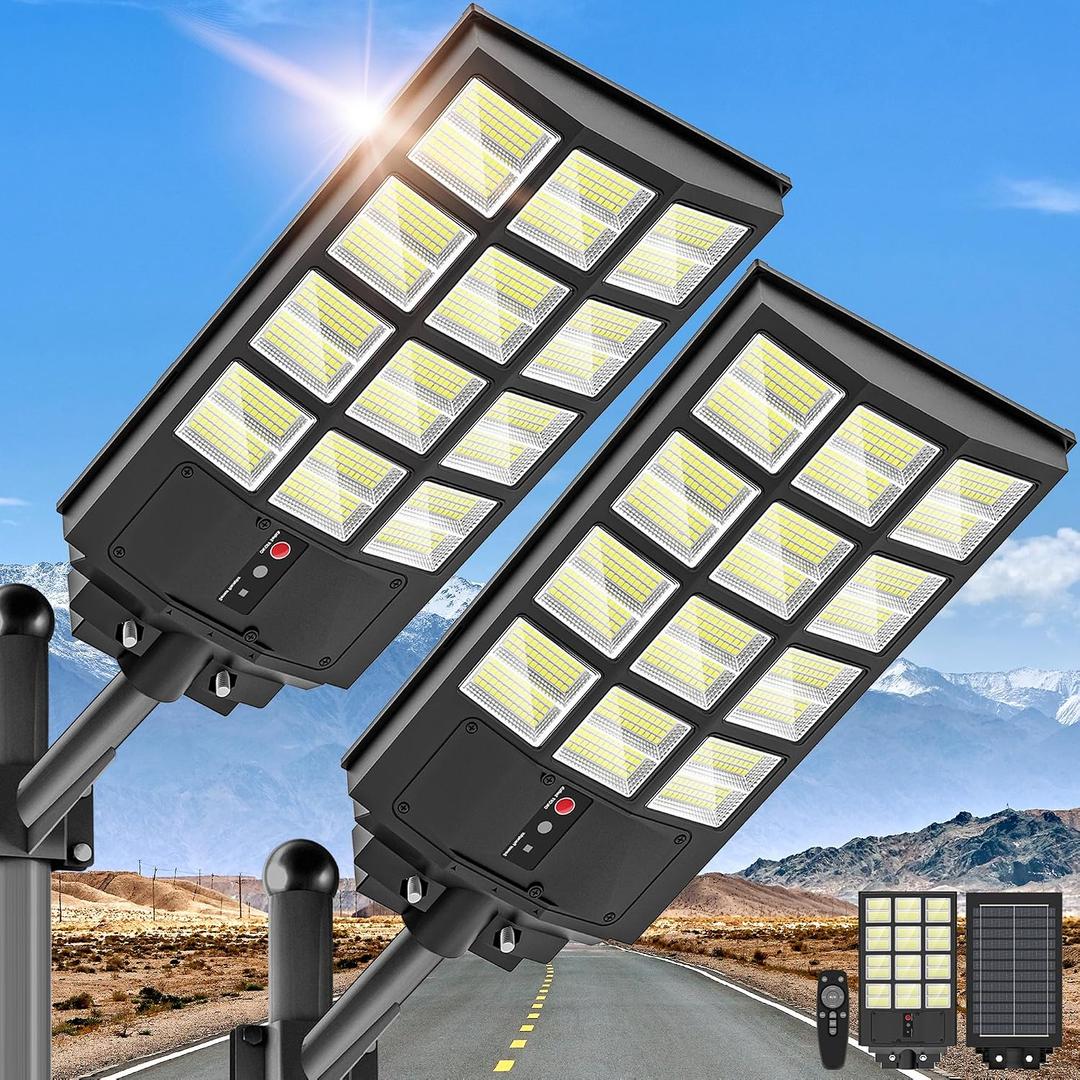 OKPRO 5000W Solar Street Light, Wide Angle Solar Lights Outdoor IP66 Waterproof, 6500K Dusk to Dawn, LED Security Flood Light with Motion Sensor and Remote Control for Residential Yard (2 Pack)