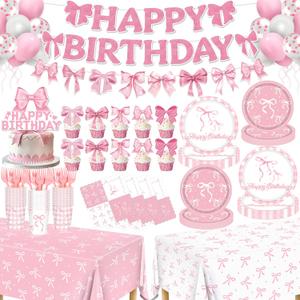 Pink Bow Party Decorations, 153Pcs Bow Birthday Party Supplies-Serves 24 with Plates and Napkins Tablecloth and Banner Balloons for Pink Girls Birthday Decorations
