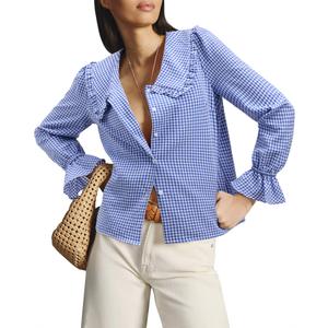 siliteelon Plaid Shirts for Women Gingham Top Button Down Shirts Peter Pan Collar Puff Long Sleeve Cotton Casual Work Blouse Blue