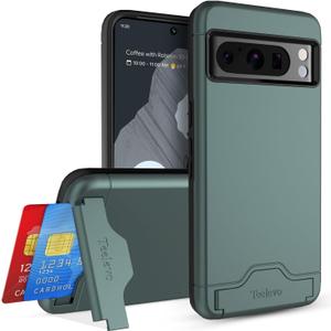 Teelevo Wallet Case for Google Pixel 8 Pro, Dual Layer Case with Card Slot Holder and Kickstand for Google Pixel 8 Pro - Dark Green