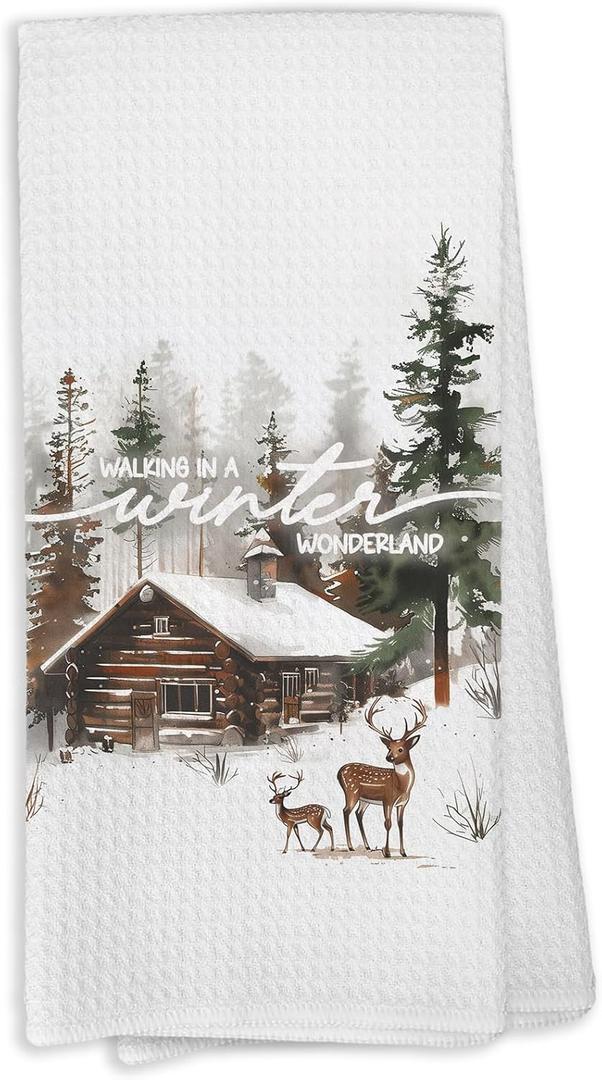 Winter Christmas Wonderland Reindeer Kitchen Towels, Walking in a Winter Wonderland Dish Towels for Kitchen, Snowflake Hand Towel for Bathroom,