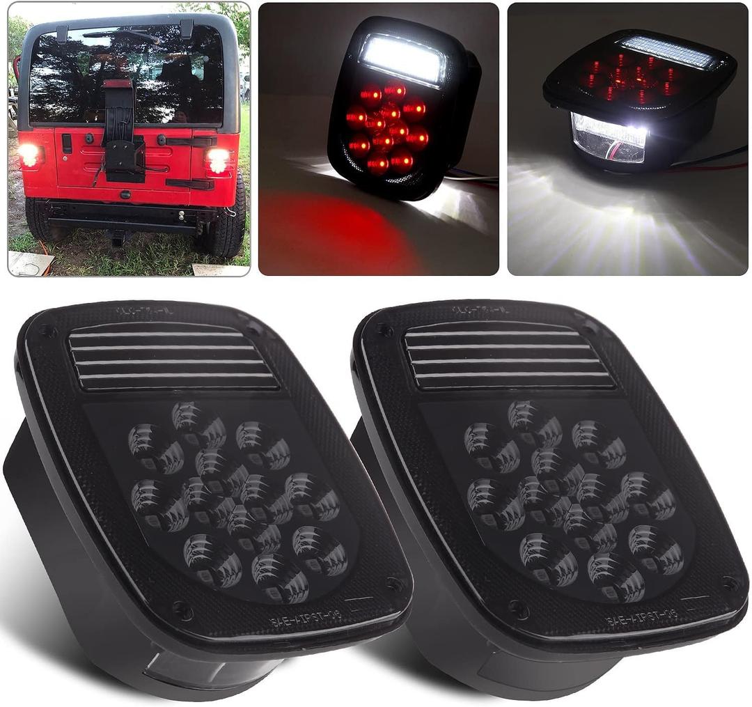 2Pcs Smoked Universal Rear Square Combination 39 LED Signal Tail Lights w/License Plate and Backup Reverse Lights Flatbed Trucks Brake Stop Turn Tail Light for Wrangler CJ TJ YJ Tail Lights Assembly