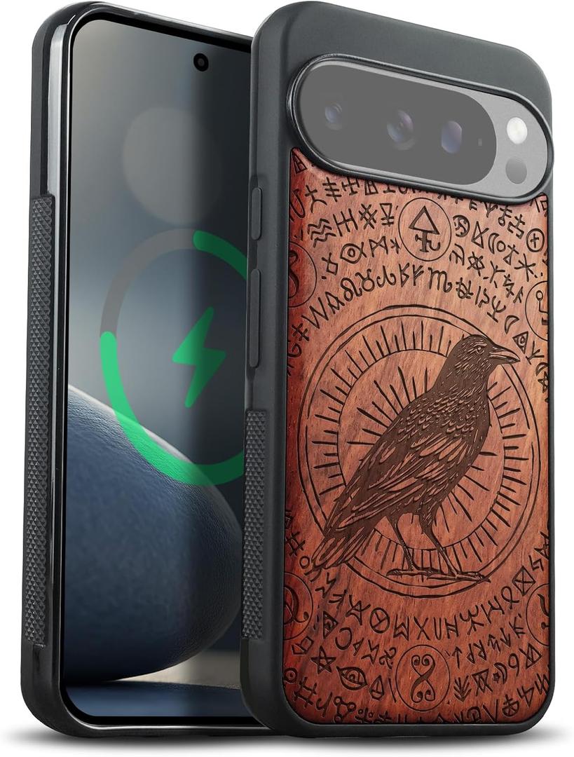 Carveit Magnetic Wooden Case for Google Pixel 10 Pro XL Case, Wood Artisan Engraved & Soft TPU Shockproof Cover, Compatible with MagSafe Wireless Chargers (The Haloed Crow) Rosy