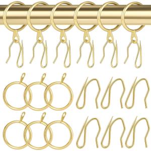 32 pcs Metal Drapery Curtain Rings Curtain Hanging Rings and 32 pcs Metal Curtain Drapery Pin Hooks for Window Door Shower Curtain, 30 mm/1.18 inch Internal Diameter (Gold)