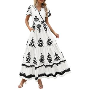 PRETTYGARDEN Womens Floral Boho Maxi Dress (White, L)
